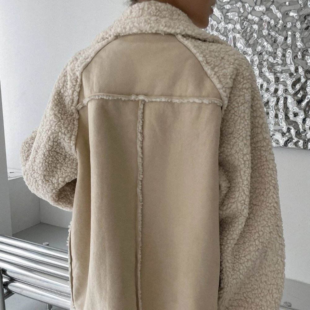 khaki "It coat" zip up faux suede teddy coat contemporary minimalist luxury - Picture 8 of 8